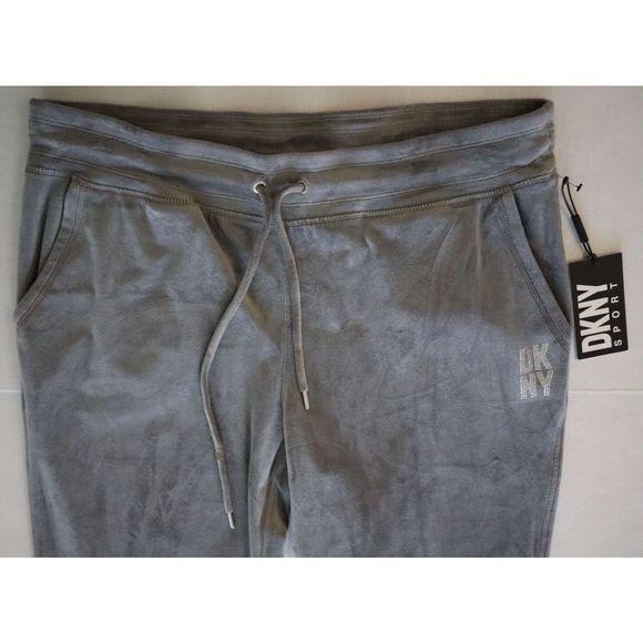 DKNY Sport DP2P3138 Women's Sz L Steel Gray Rhinestone Logo Velour Track Pants - Picture 4 of 10